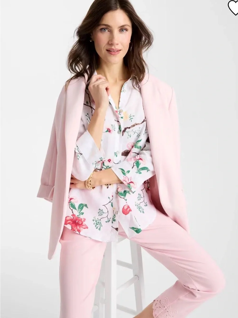 Chicos No Iron Kyoto Bloom 100% Linen Shirt Cuffed 3/4 Sleeve Top, Size 1, M